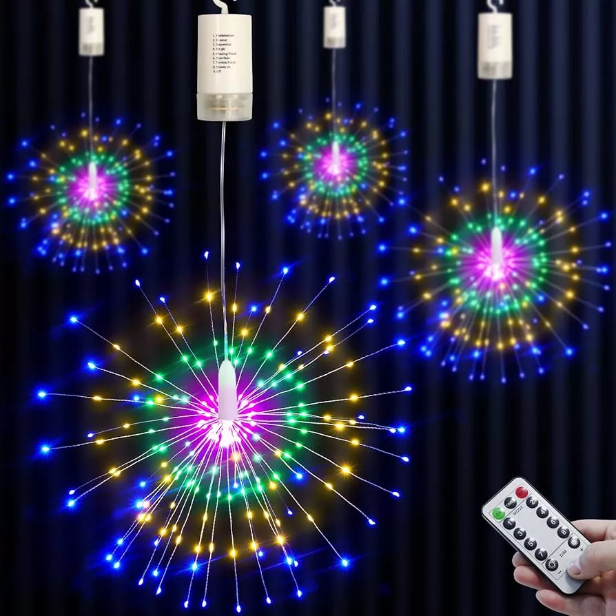 Rainbow colored firework battery display