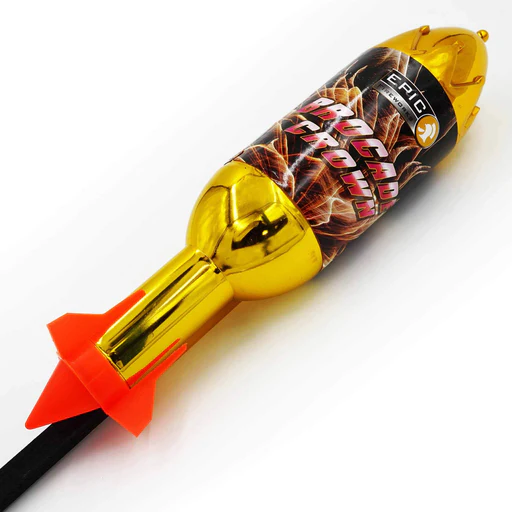 Golden rocket firework with red stars